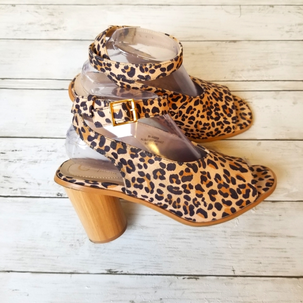Cato C Comfort Leopard Print Open Toe Wrap Ankle Round Faux Wood Heel Sandal
